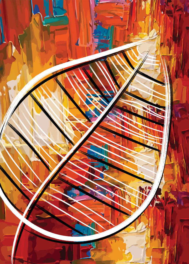 Wadi Home abstract leaf canvas print with vibrant red, orange, and yellow textures hanging in a modern living room.