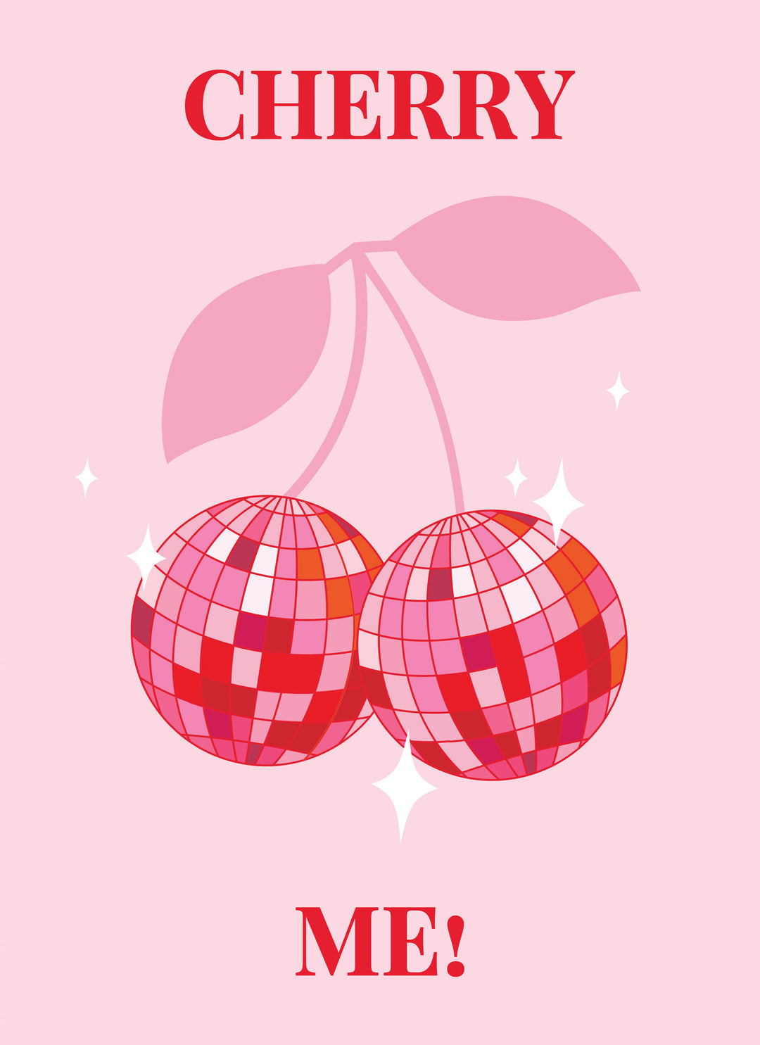 Wadi Home Cherry Me! wall art print featuring disco ball cherries on a pastel pink background in a modern living room.