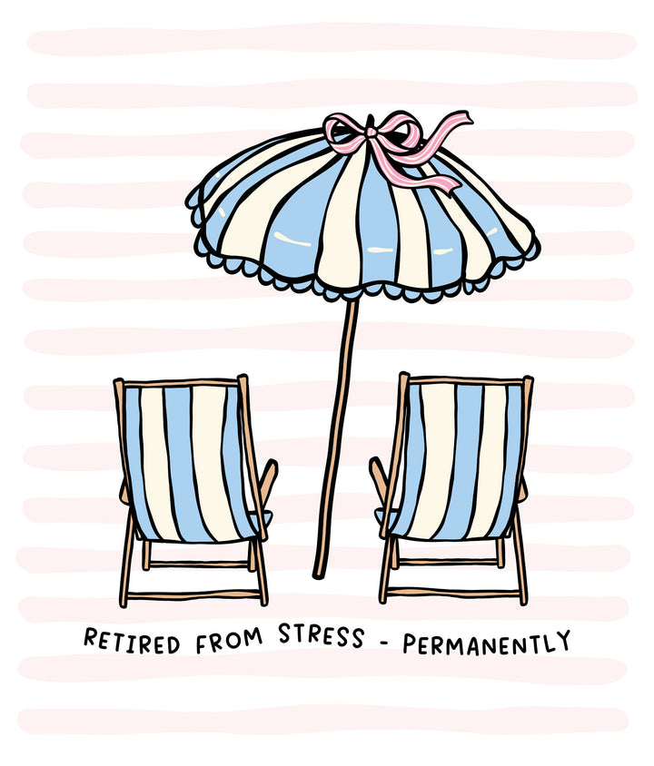 Wadi Home beach themed wall art featuring striped chairs and umbrella on a pink striped background in a coastal room.