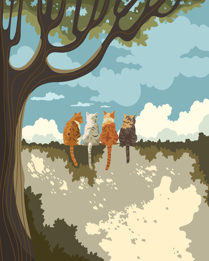 Wadi Home wall art print featuring four cats sitting under a tree in a painterly landscape with earthy tones and blue sky