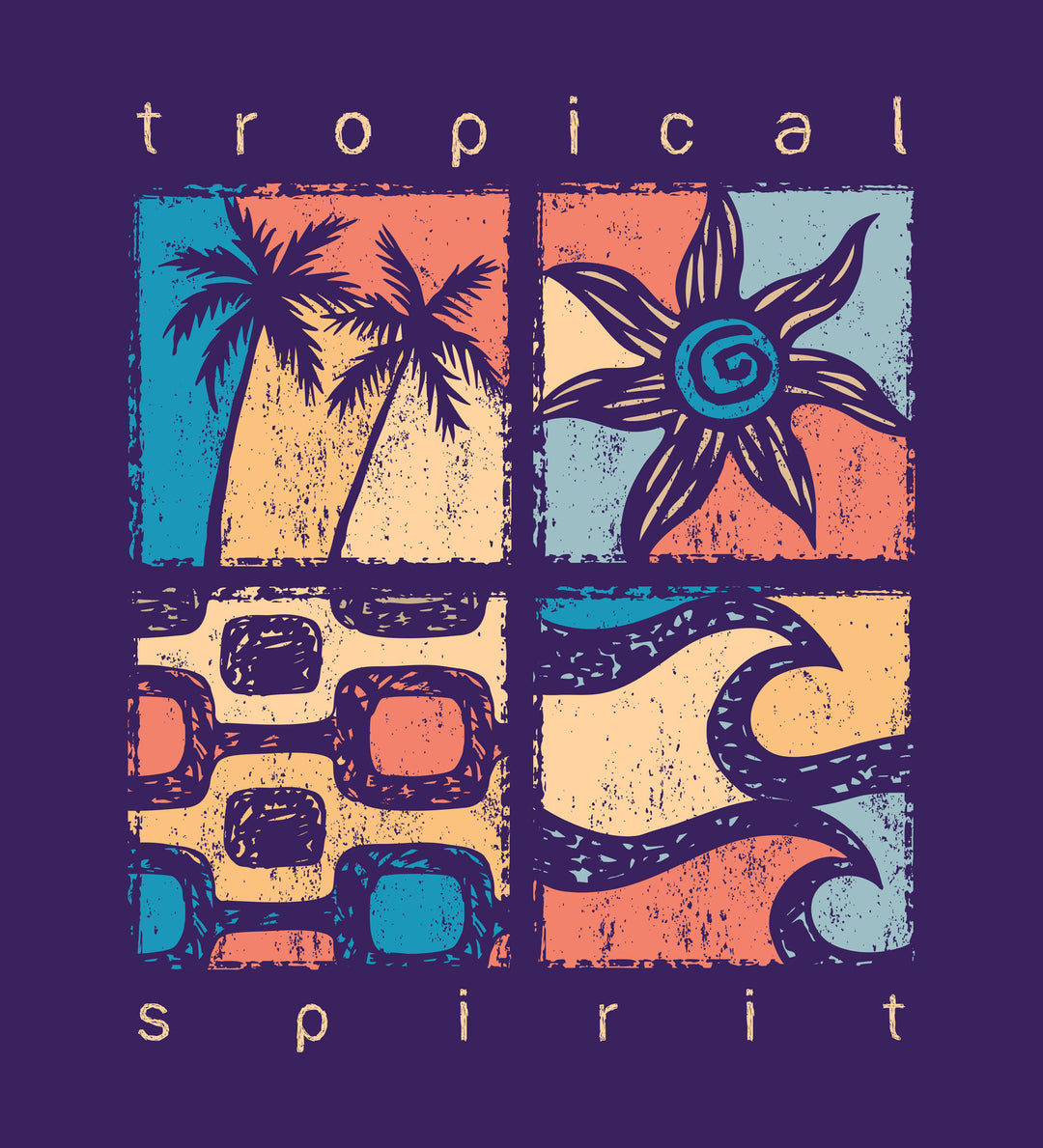Wadi Home Tropical Spirit wall art print with palm trees and ocean motifs in purple, coral, and teal on white wall.