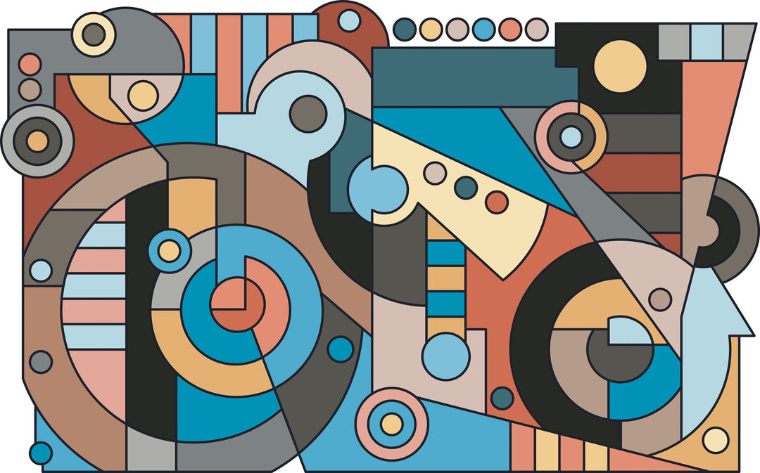 Wadi Home abstract geometric wall art print with blue, terracotta, and charcoal shapes hanging above a modern sofa.