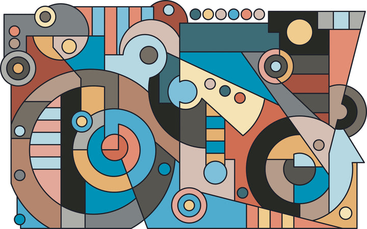 Wadi Home abstract geometric wall art print with blue, terracotta, and charcoal shapes hanging above a modern sofa.