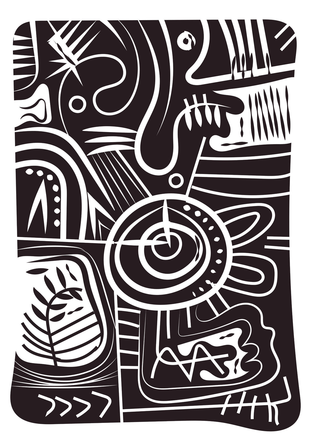 Wadi Home abstract geometric wall art print with black and white organic patterns displayed on a terracotta wall.