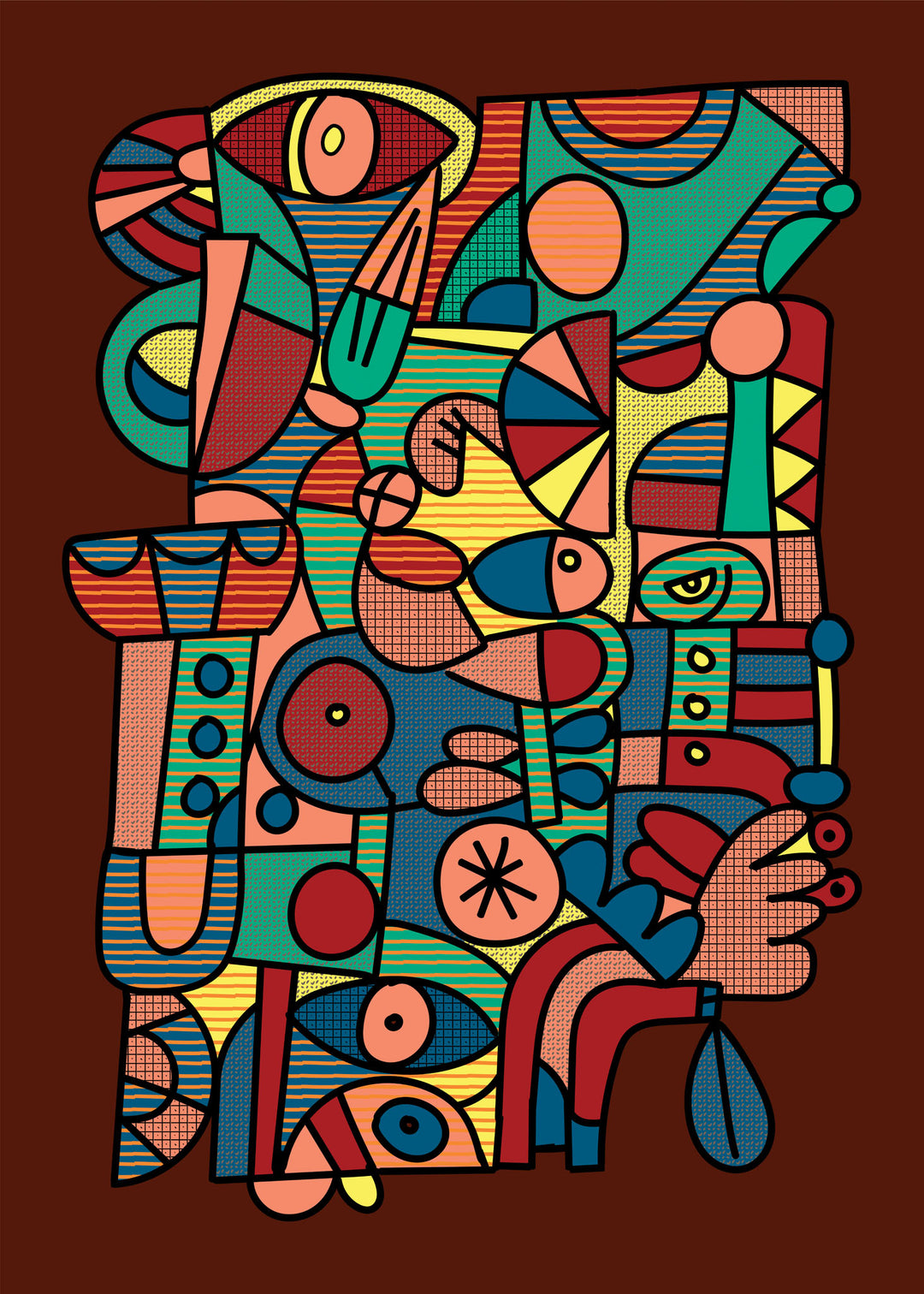 Wadi Home abstract geometric wall art print with vibrant shapes and patterns on a deep brown background in a modern room