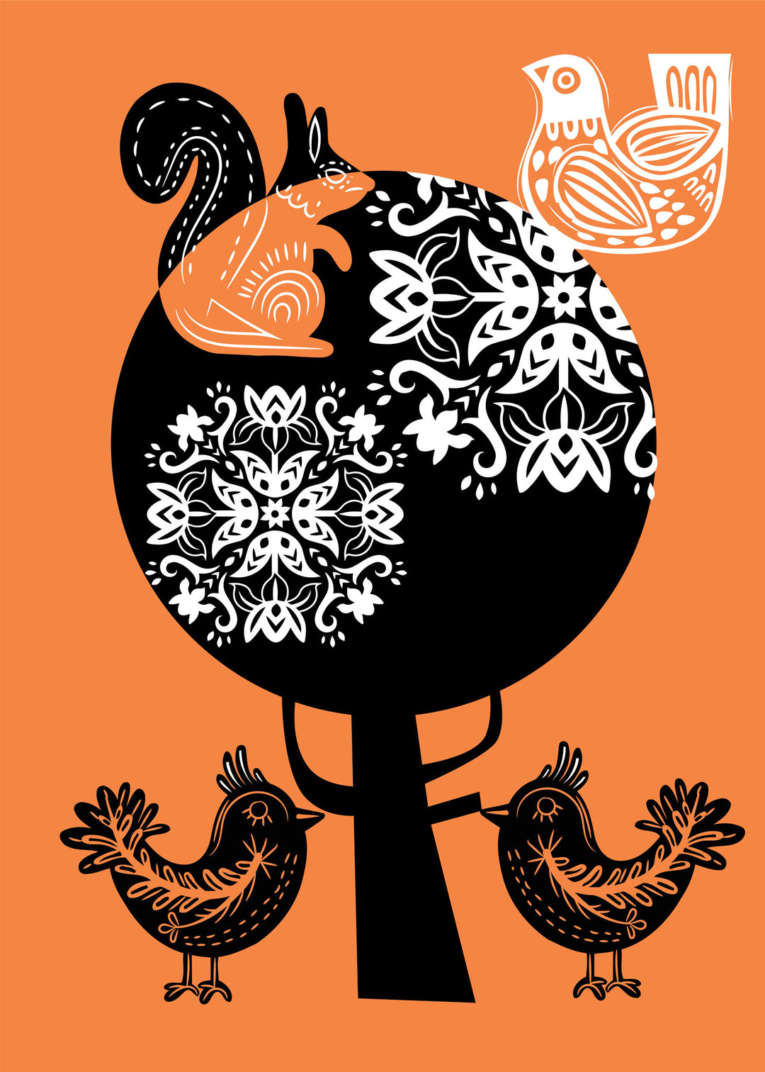 Wadi Home whimsical forest animal wall art print featuring a squirrel and birds in a folk-art tree on orange background