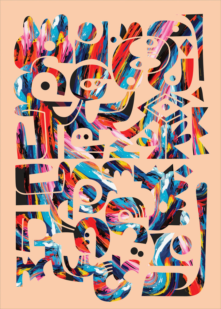 Wadi Home abstract geometric wall art print with vibrant blue, red, and yellow fluid shapes on a neutral background.