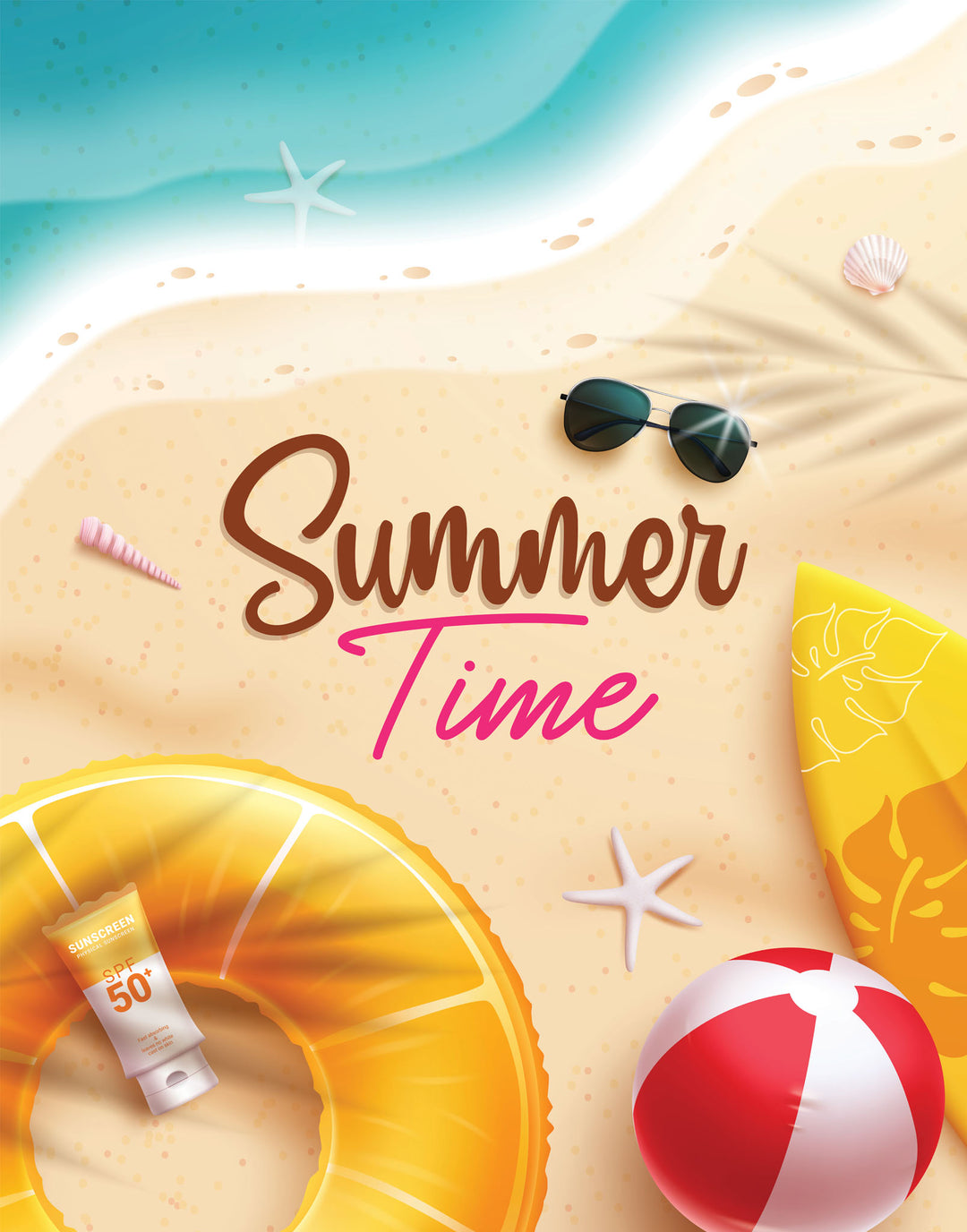Wadi Home beach themed wall art print featuring a yellow floatie, beach ball, and sand in a coastal living room.