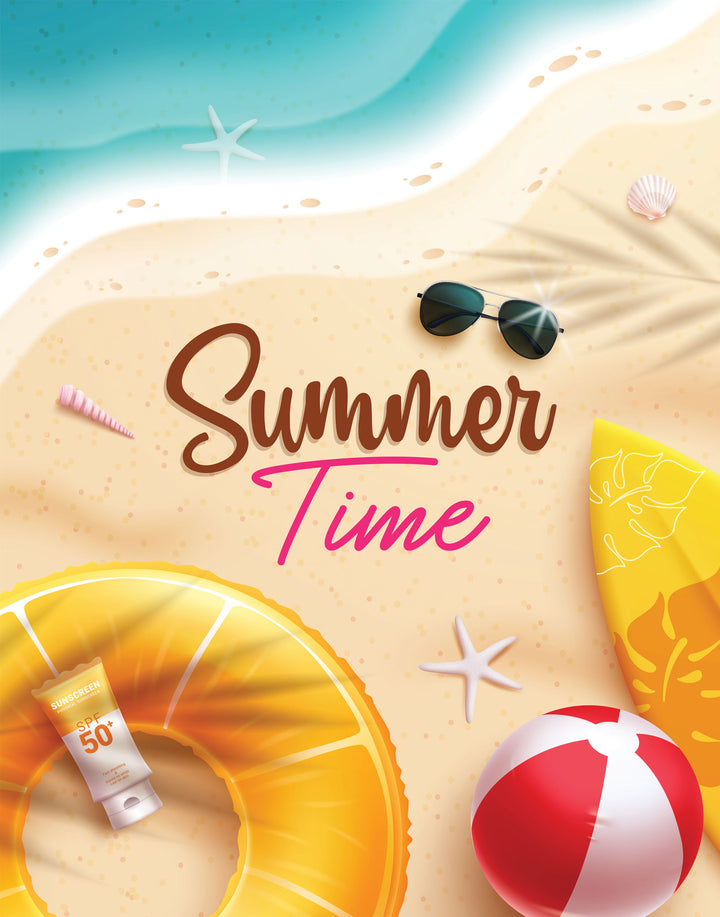 Wadi Home beach themed wall art print featuring a yellow floatie, beach ball, and sand in a coastal living room.