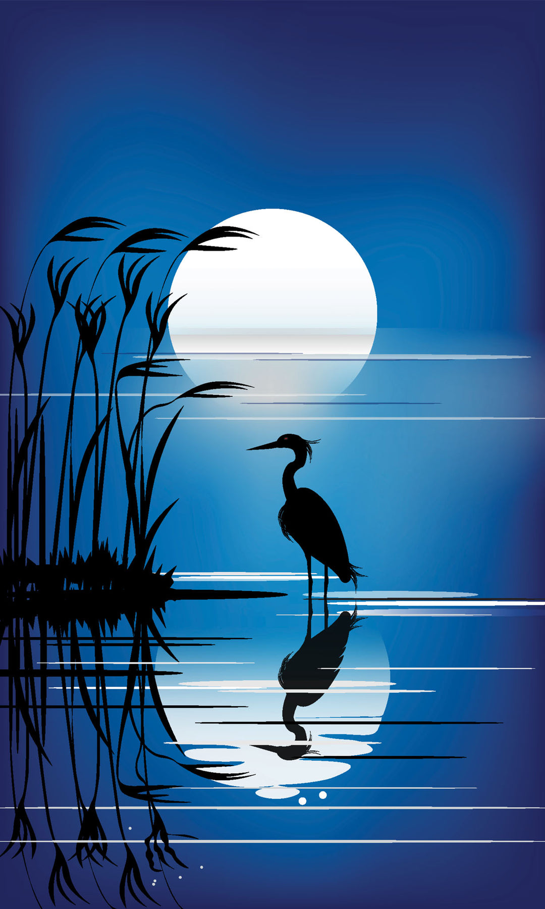 Wadi Home heron silhouette wall art print featuring a full moon and reeds in deep blue tones above a brown sofa.