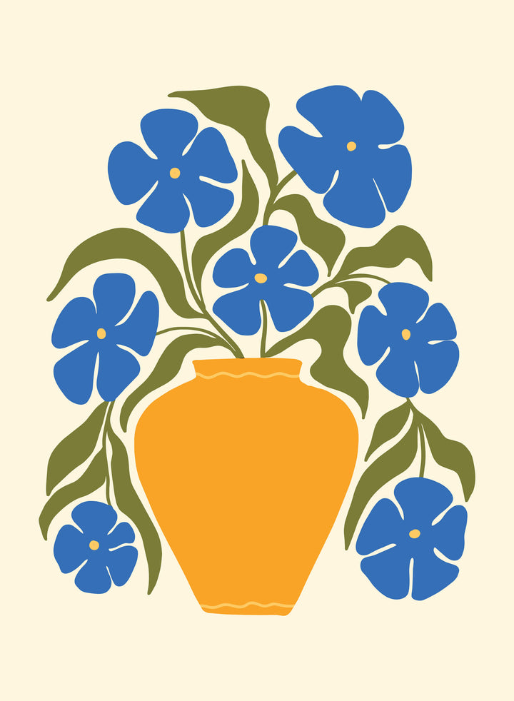 Wadi Home abstract floral wall art print featuring a yellow vase with blue flowers on a warm brown living room wall.