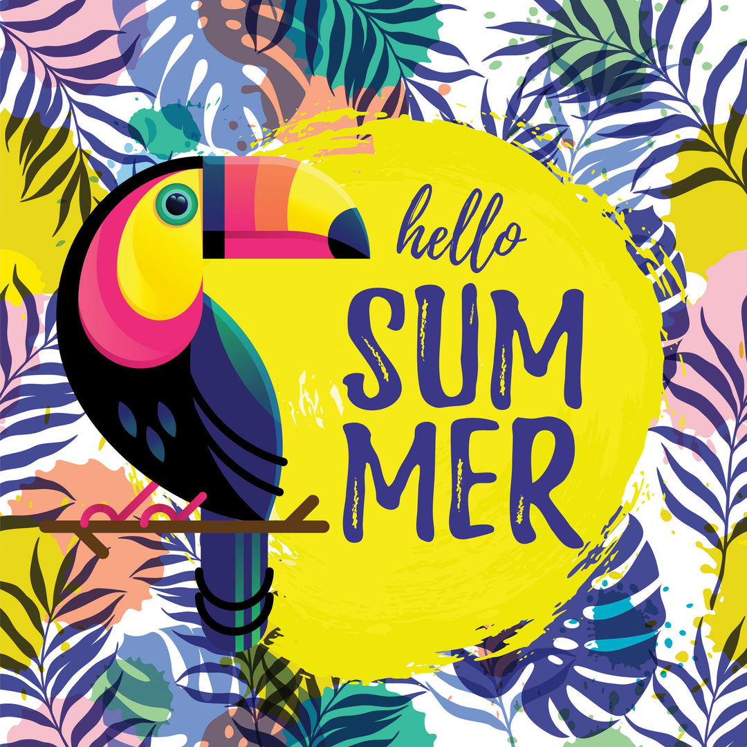Wadi Home tropical toucan wall art print with Hello Summer typography on a yellow circle and colorful palm leaves.
