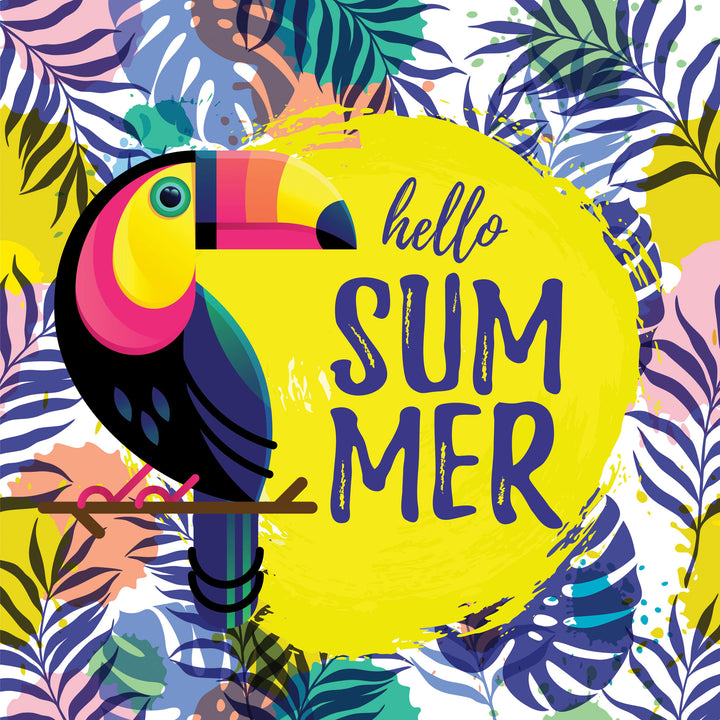 Wadi Home tropical toucan wall art print with Hello Summer typography on a yellow circle and colorful palm leaves.