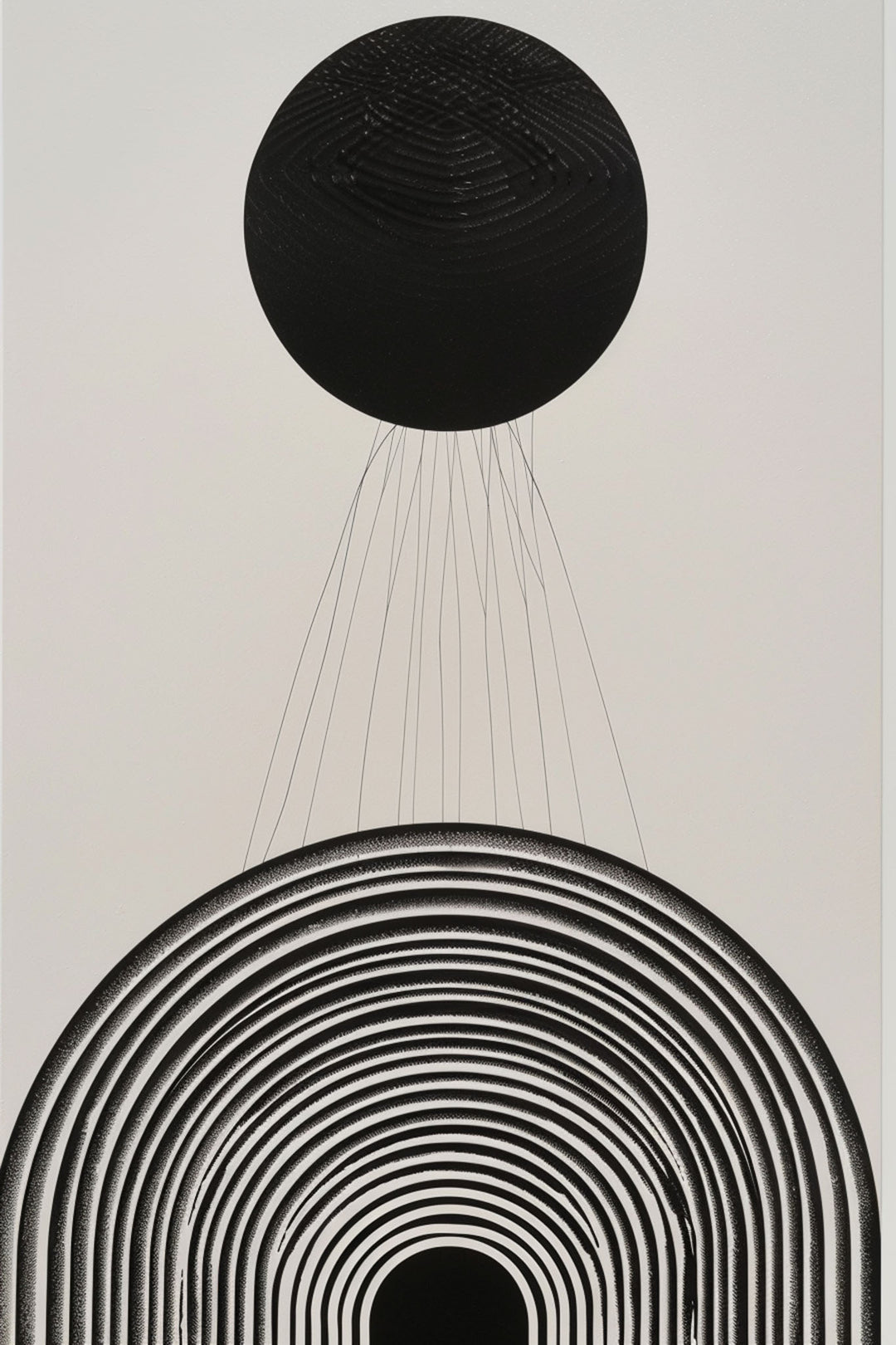 Wadi Home abstract wall art with concentric black arches and a black circle above, minimalist design.