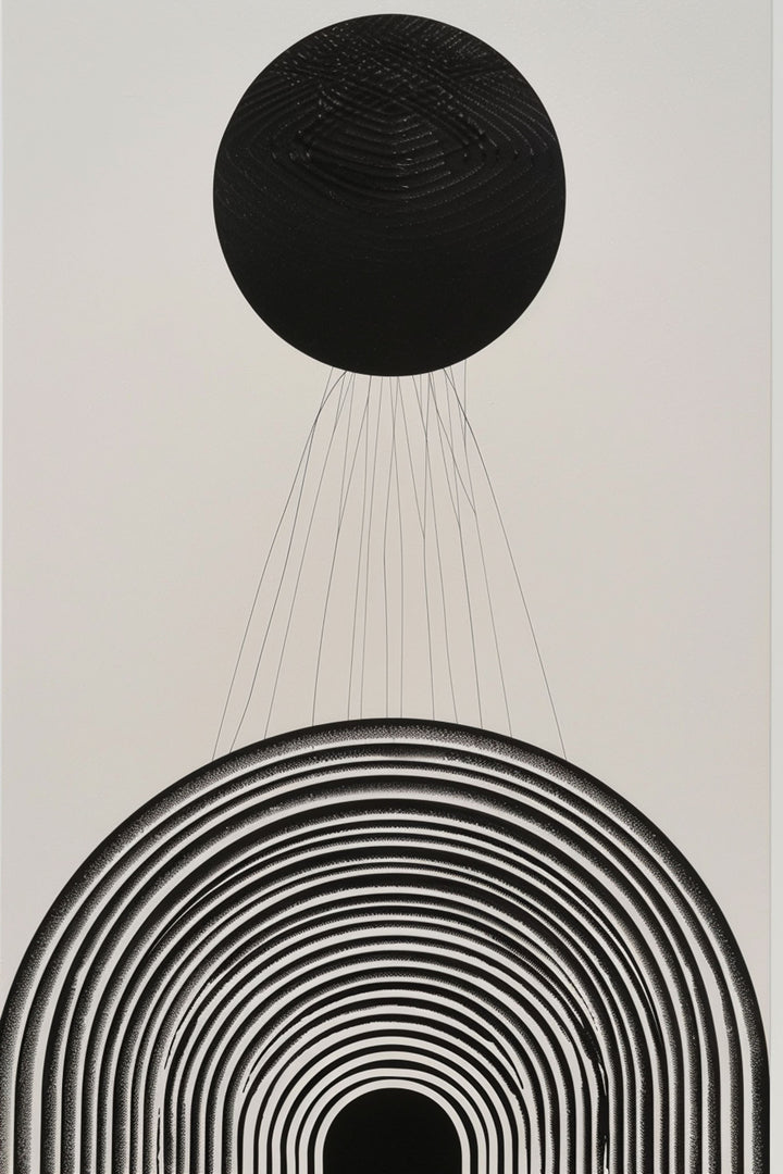 Wadi Home abstract wall art with concentric black arches and a black circle above, minimalist design.
