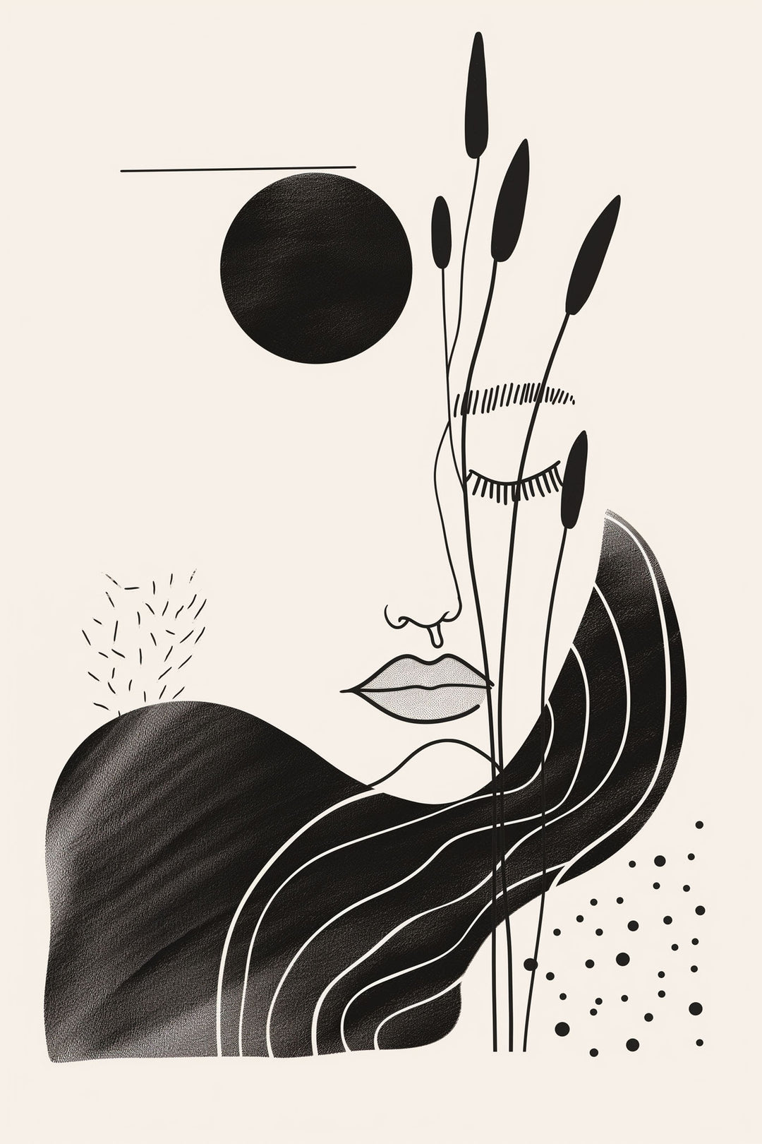 Wadi Home abstract black and cream wall art featuring a face with botanical elements and a sun motif.