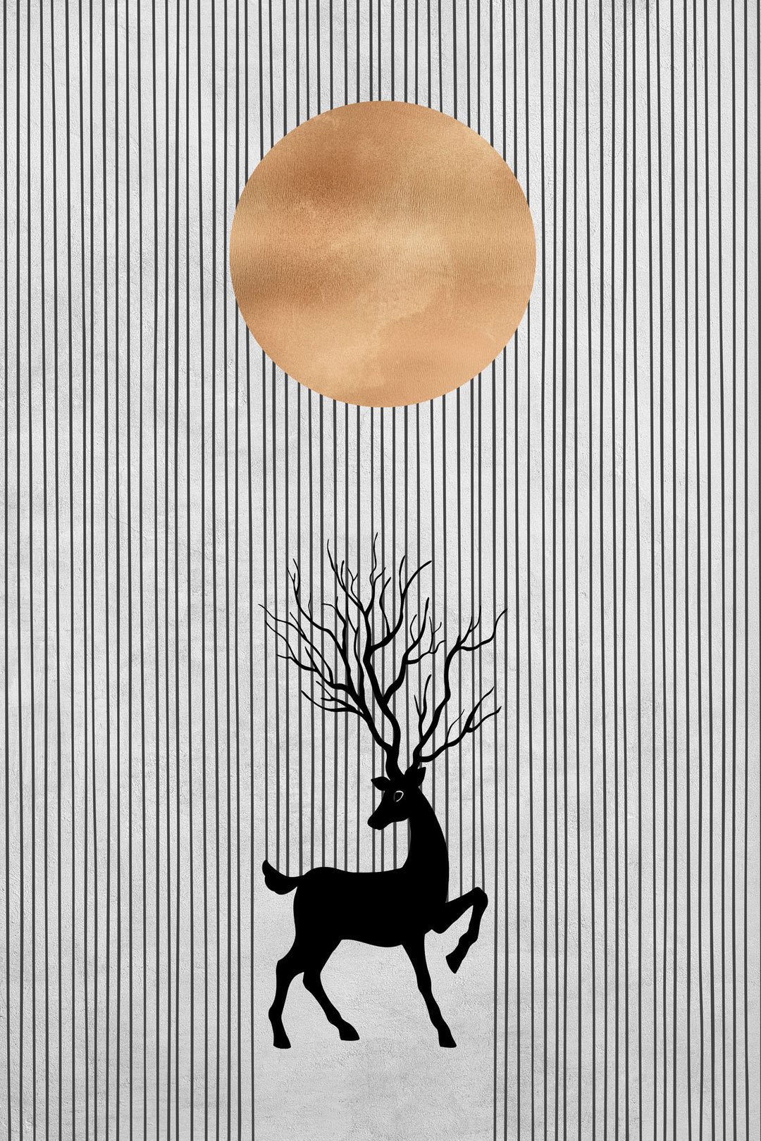 Wadi Home Deer Silhouette Wall Art with sun and vertical lines, black and metallic gold