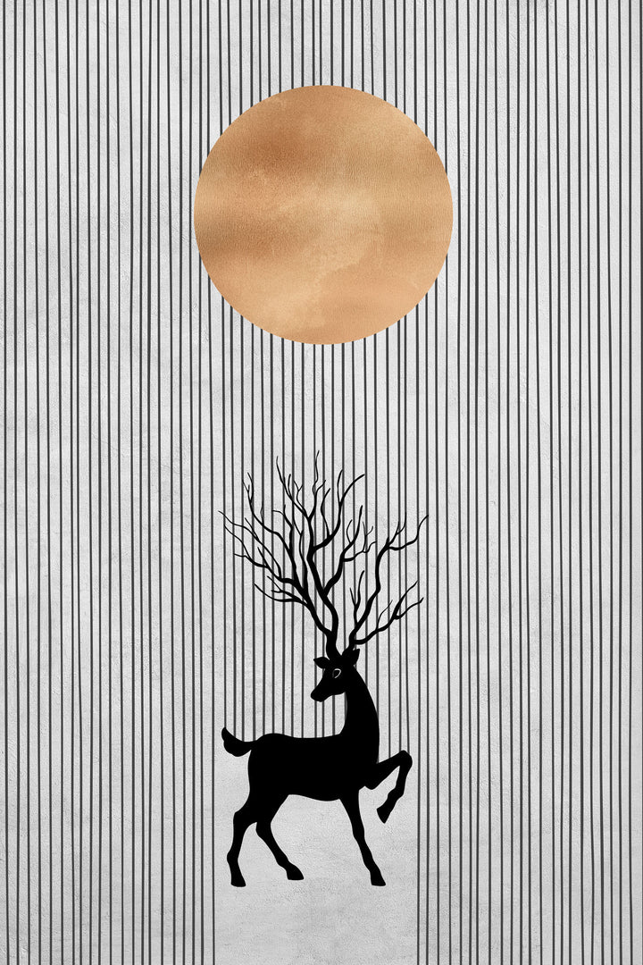 Wadi Home Deer Silhouette Wall Art with sun and vertical lines, black and metallic gold
