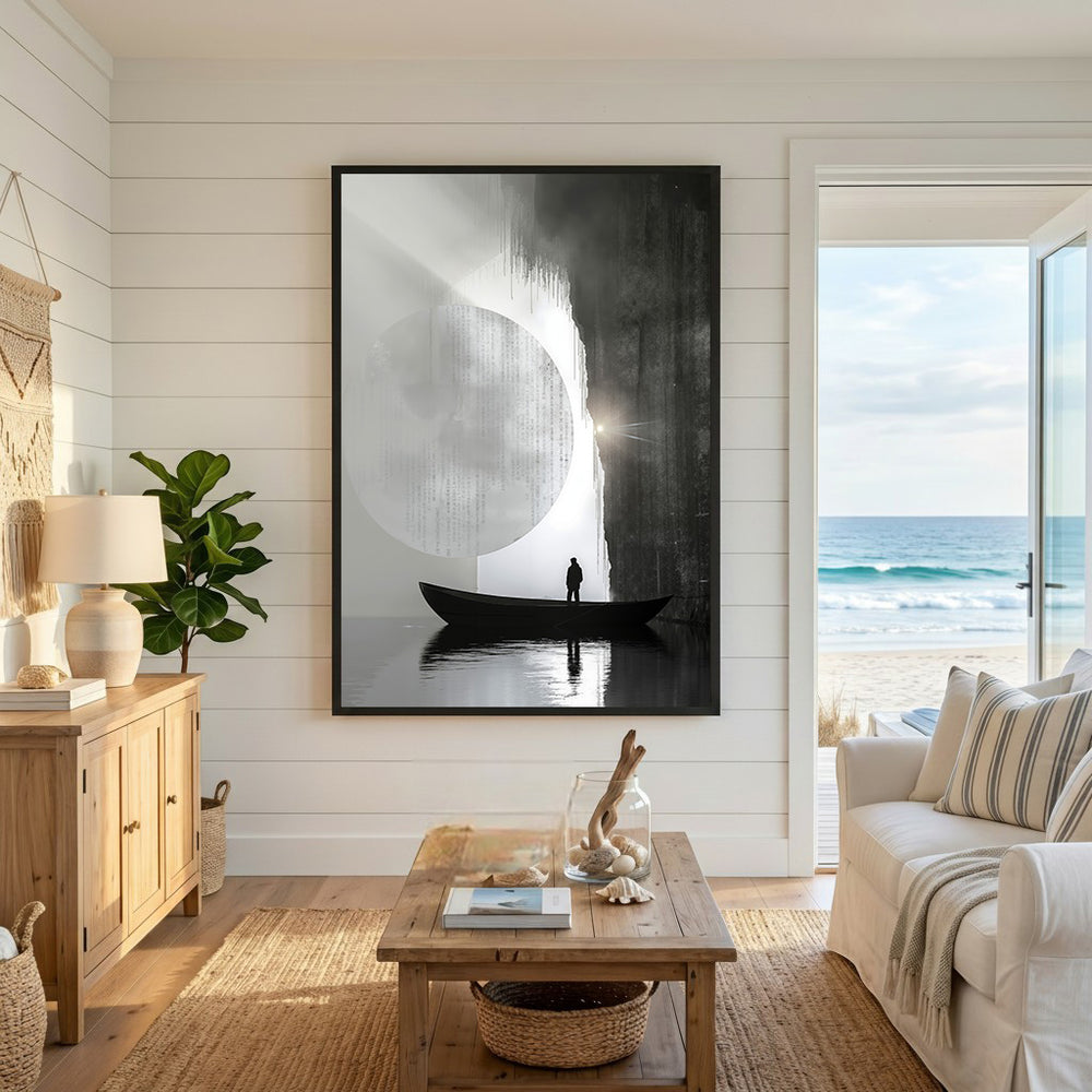 Wadi Home monochromatic wall art: man in boat silhouetted against moon and waterfall.