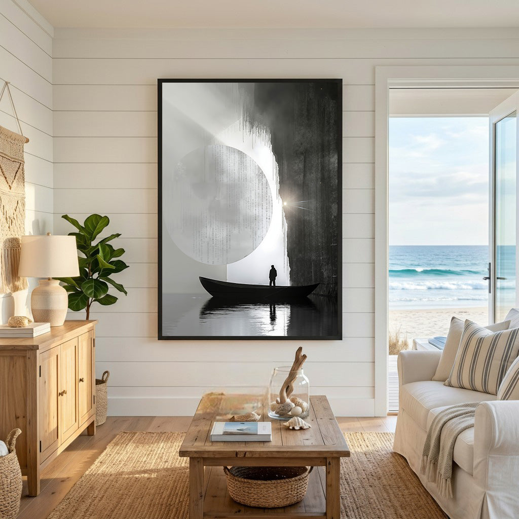 Wadi Home monochromatic wall art: man in boat silhouetted against moon and waterfall.