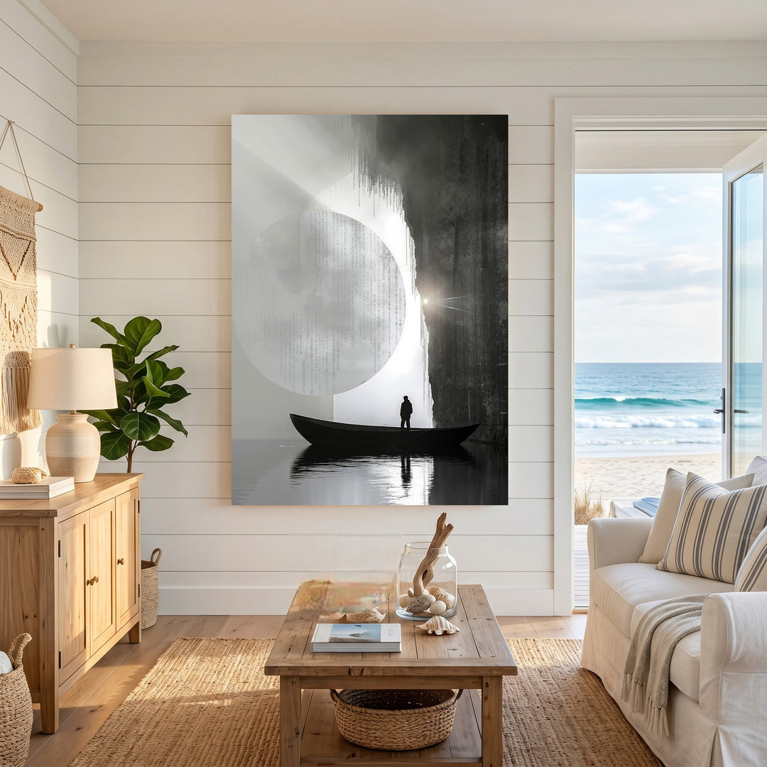 Wadi Home Man in boat with moon and waterfall wall art. Monochromatic, minimalist artwork with ethereal lighting.