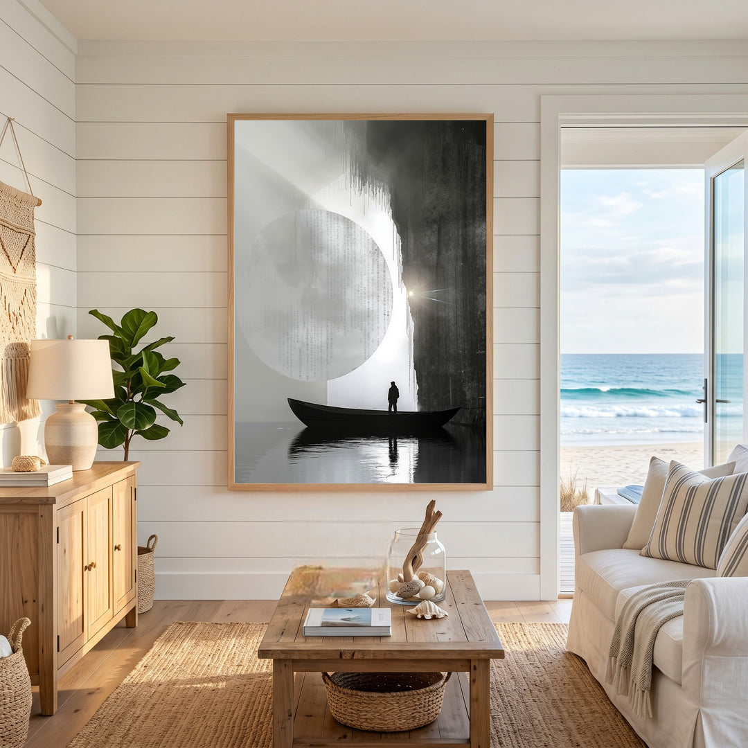 Wadi Home artwork: Man in boat silhouetted against moon and waterfall. Monochromatic, ethereal lighting, minimalist style.