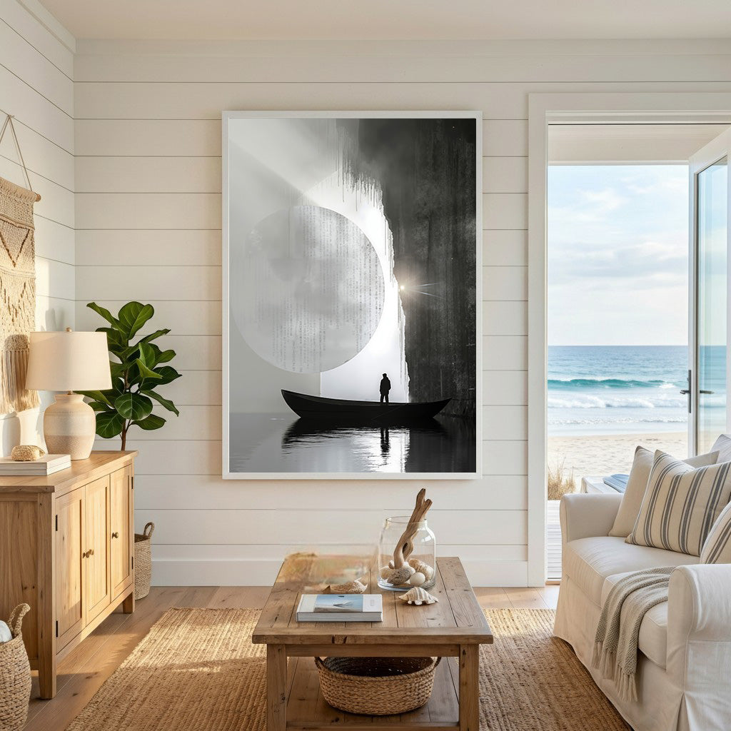 Wadi Home monochromatic wall art: man in boat silhouetted against moon and waterfall. Minimalist, tranquil.