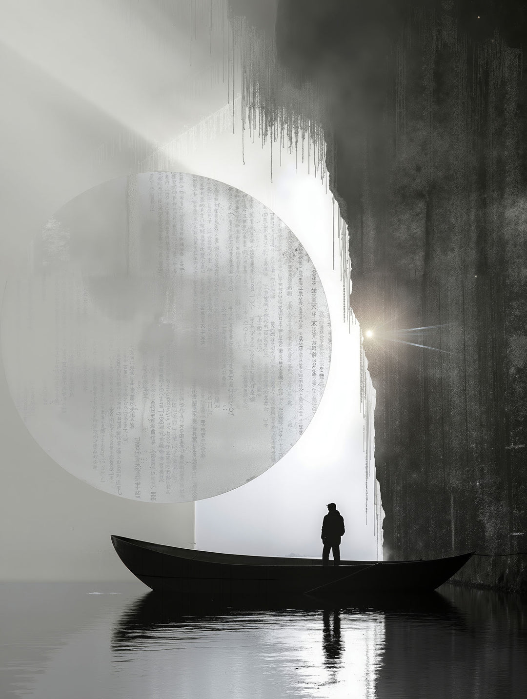 Wadi Home Man in boat with moon and waterfall wall art. Monochromatic, minimalist artwork with ethereal lighting.