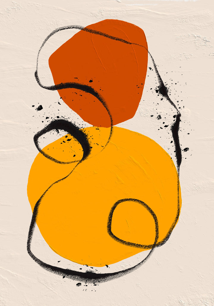 Wadi Home abstract wall art with orange and yellow circles and black brushstrokes on textured background.