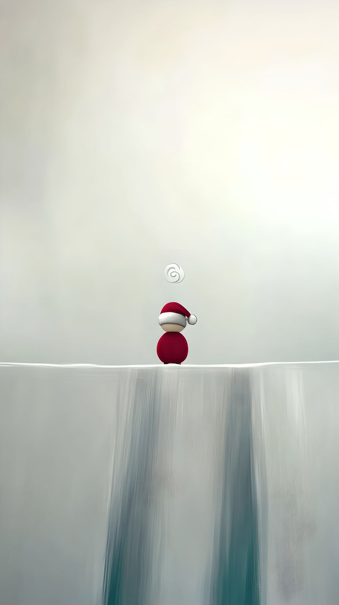 Wadi Home minimalist winter wall art with a red-hatted figure on a snowy ledge, evoking calm and serenity.