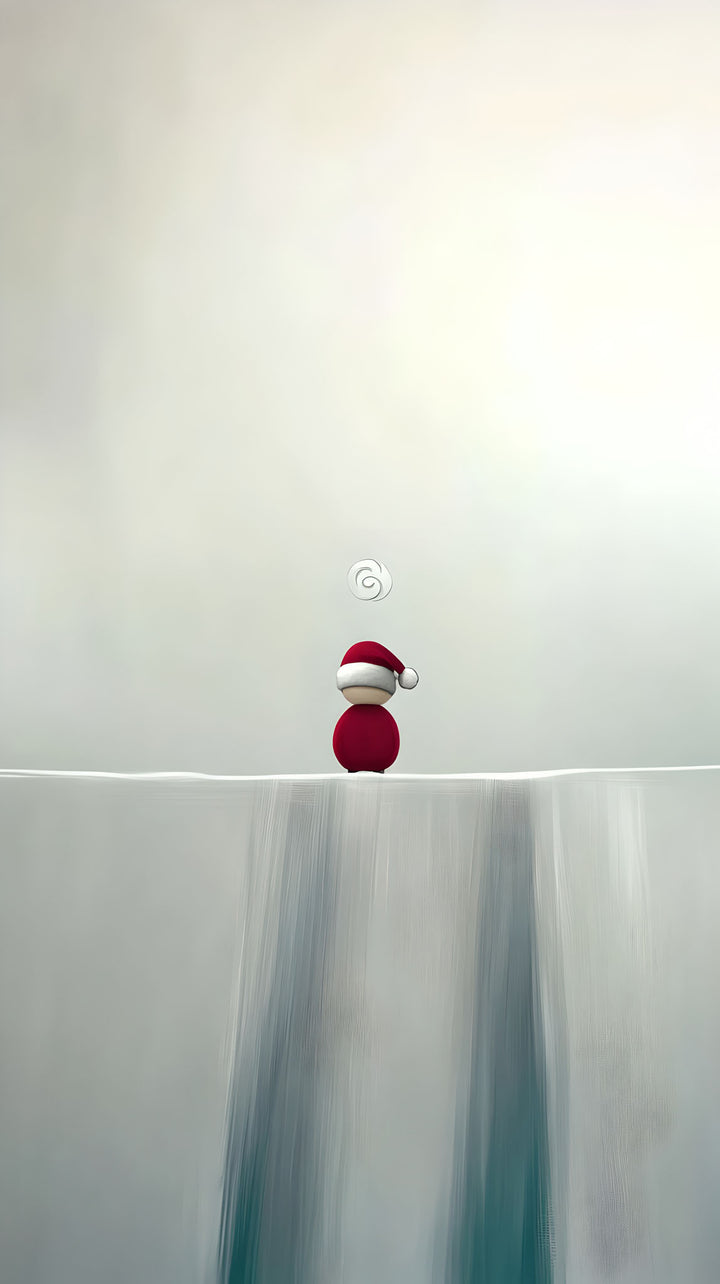 Wadi Home minimalist winter wall art with a red-hatted figure on a snowy ledge, evoking calm and serenity.