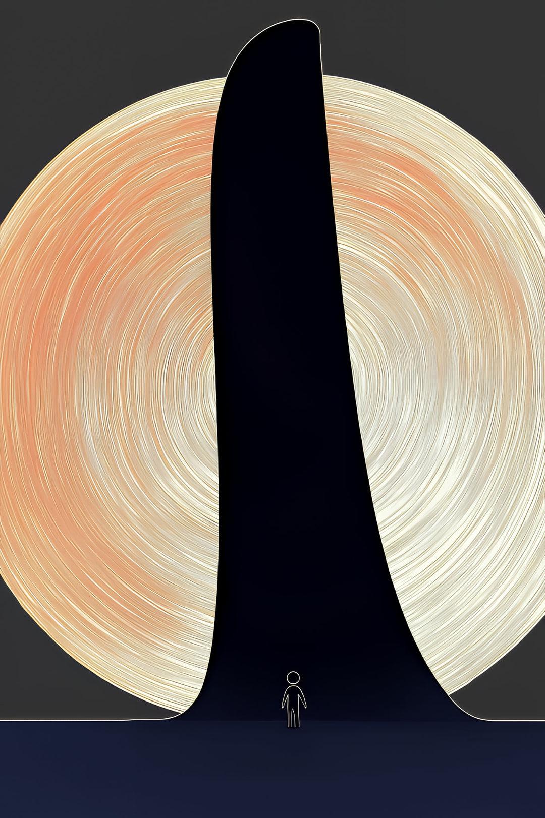 Wadi Home abstract minimalist wall art with dark silhouette against peach and cream textured circle, small figure.