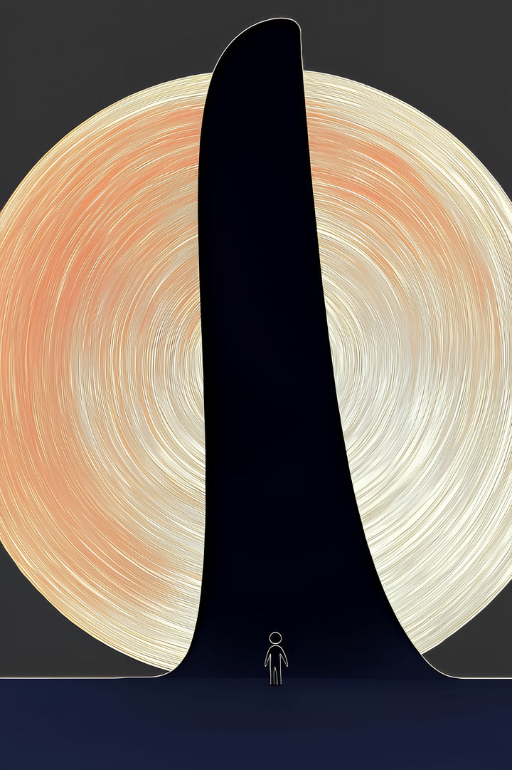 Wadi Home abstract minimalist wall art with dark silhouette against peach and cream textured circle, small figure.