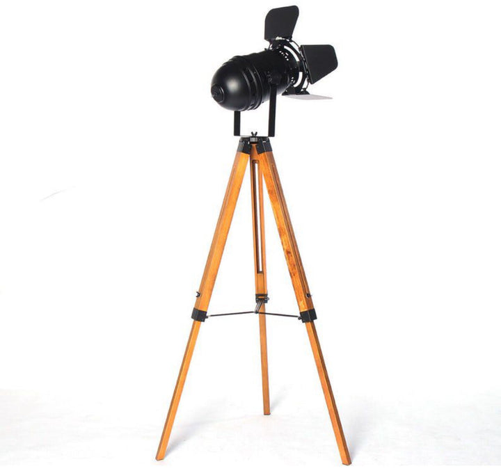 Industrial Tripod Floor Lamp with natural wooden color