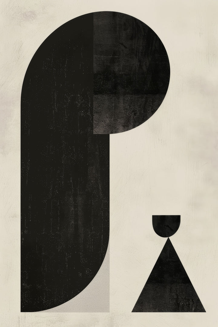 Wadi Home abstract geometric art print with black shapes on a textured neutral background. Modern minimalist wall art.