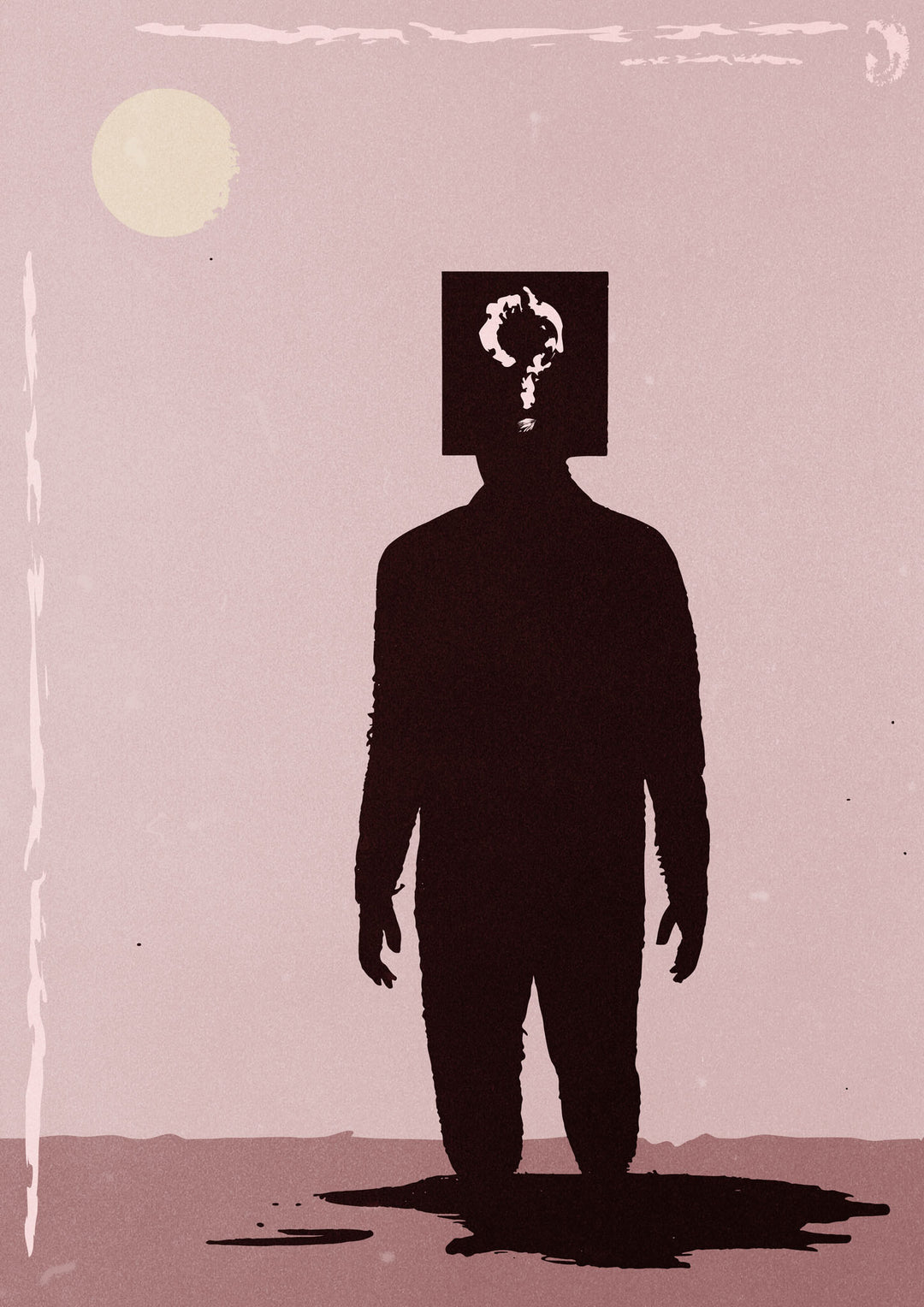 Wadi Home abstract wall art print of a dark silhouette figure with a question mark head, standing in water.