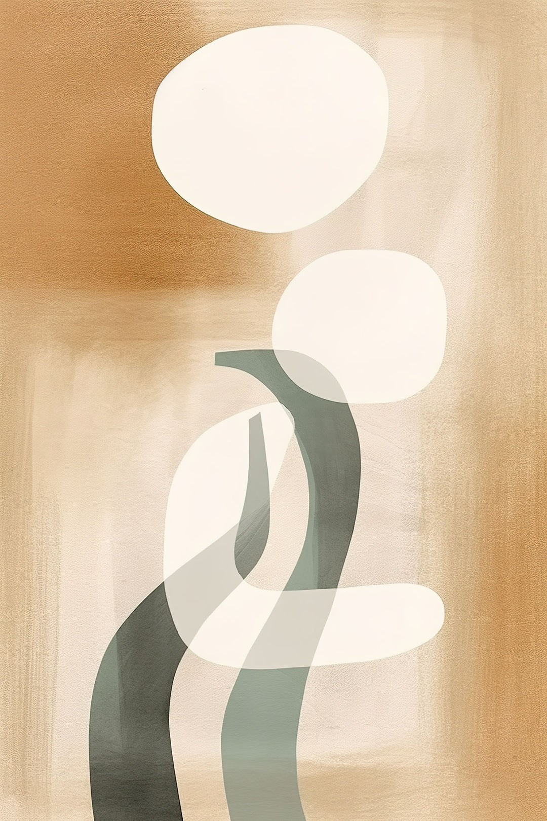 Wadi Home abstract organic shapes wall art in warm earthy tones and grey-green accents, framed.