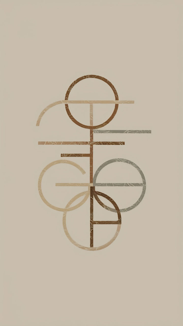 Wadi Home abstract geometric line art print in earthy tones of brown and grey on a beige background.