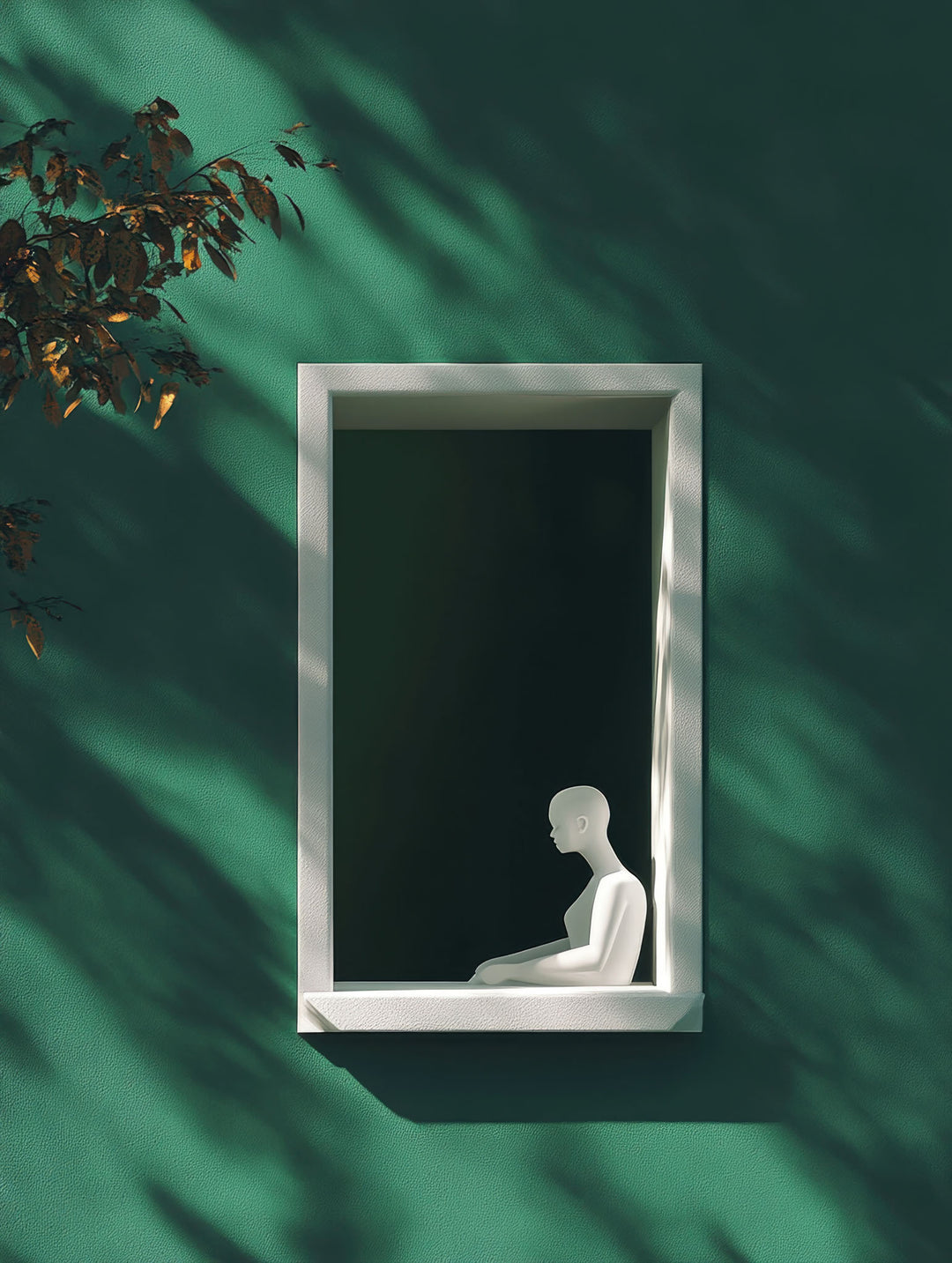 Wadi Home minimalist wall art featuring a white figure in a window frame against a deep green background with dramatic shadows.