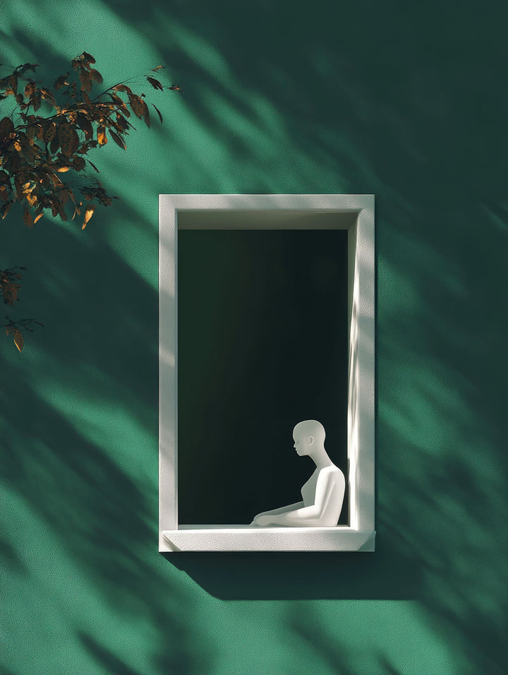 Wadi Home minimalist wall art featuring a white figure in a window frame against a deep green background with dramatic shadows.