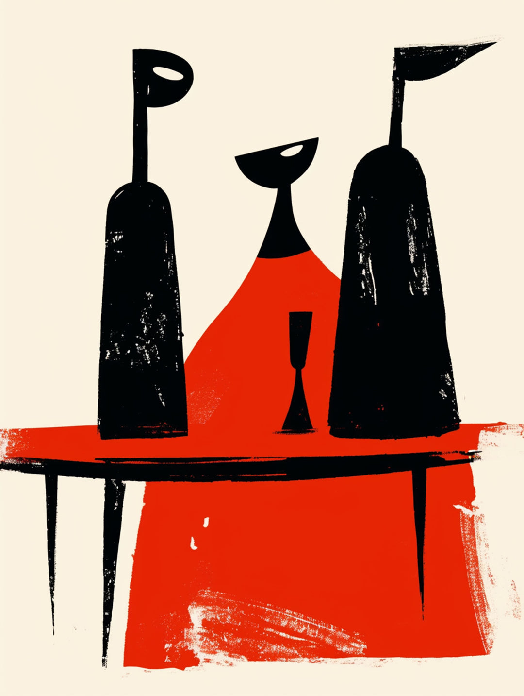 Wadi Home abstract wall art with black figures on a red table against a cream background. Modern minimalist design.