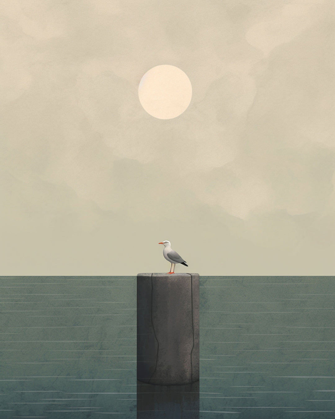 Wadi Home minimalist artwork of a seagull on a post against a hazy sky and calm water. Muted colors, serene coastal theme.