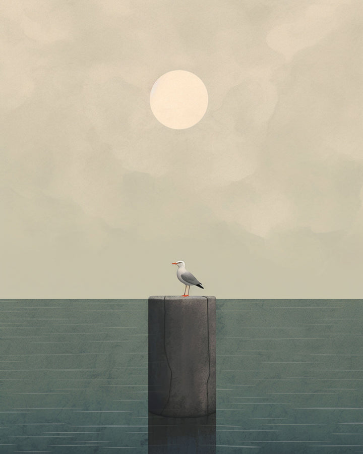 Wadi Home minimalist artwork of a seagull on a post against a hazy sky and calm water. Muted colors, serene coastal theme.