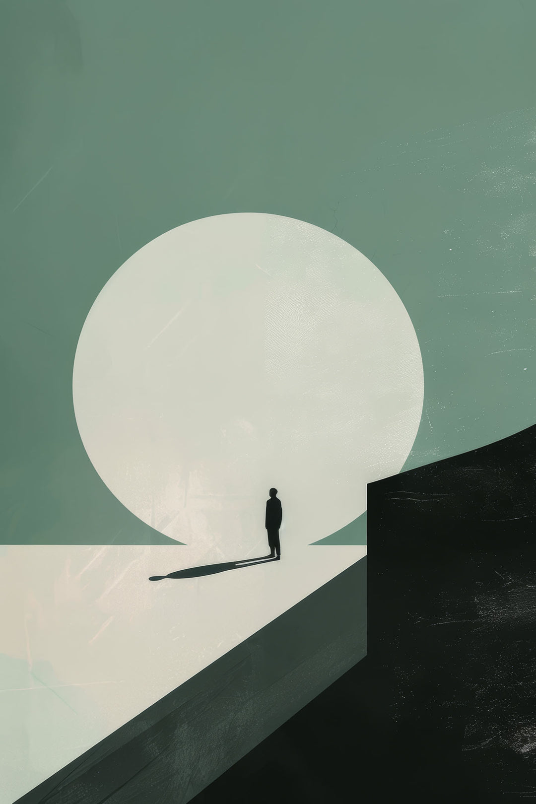 Wadi Home minimalist landscape wall art with muted green and cream palette, featuring a solitary figure against a large circle.