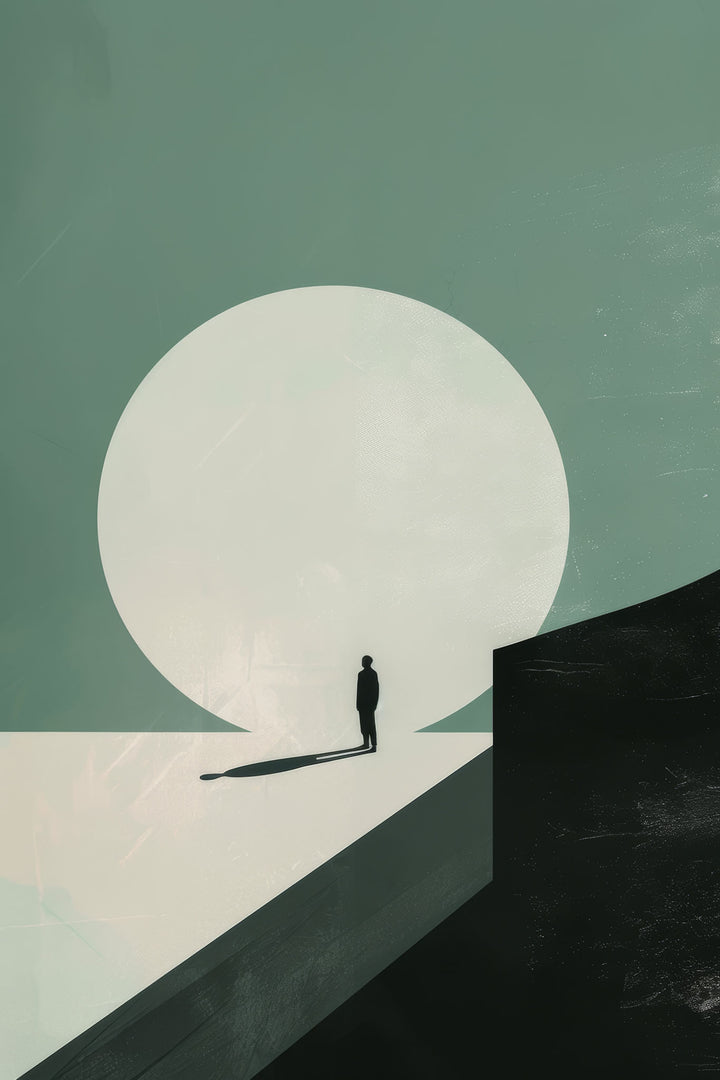 Wadi Home minimalist landscape wall art with muted green and cream palette, featuring a solitary figure against a large circle.