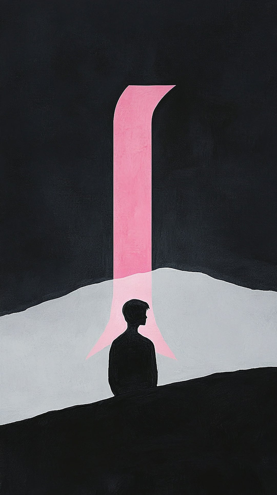 Wadi Home abstract wall art with black background, pink archway, and silhouette of a person. Modern minimalist design.