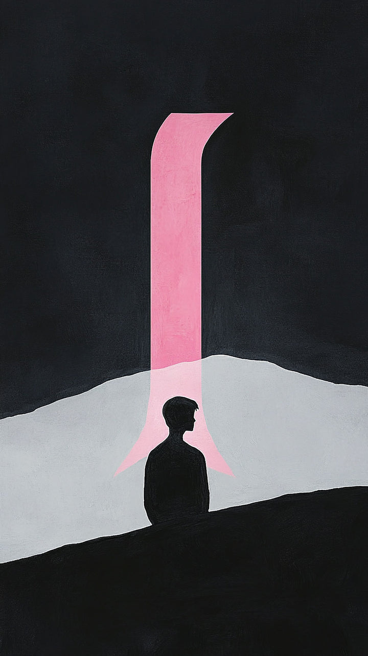 Wadi Home abstract wall art with black background, pink archway, and silhouette of a person. Modern minimalist design.