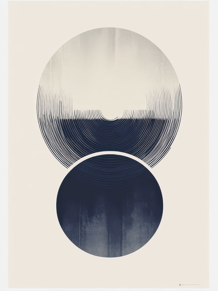 Wadi Home abstract wall art with navy and cream overlapping circles, textured graphic style.