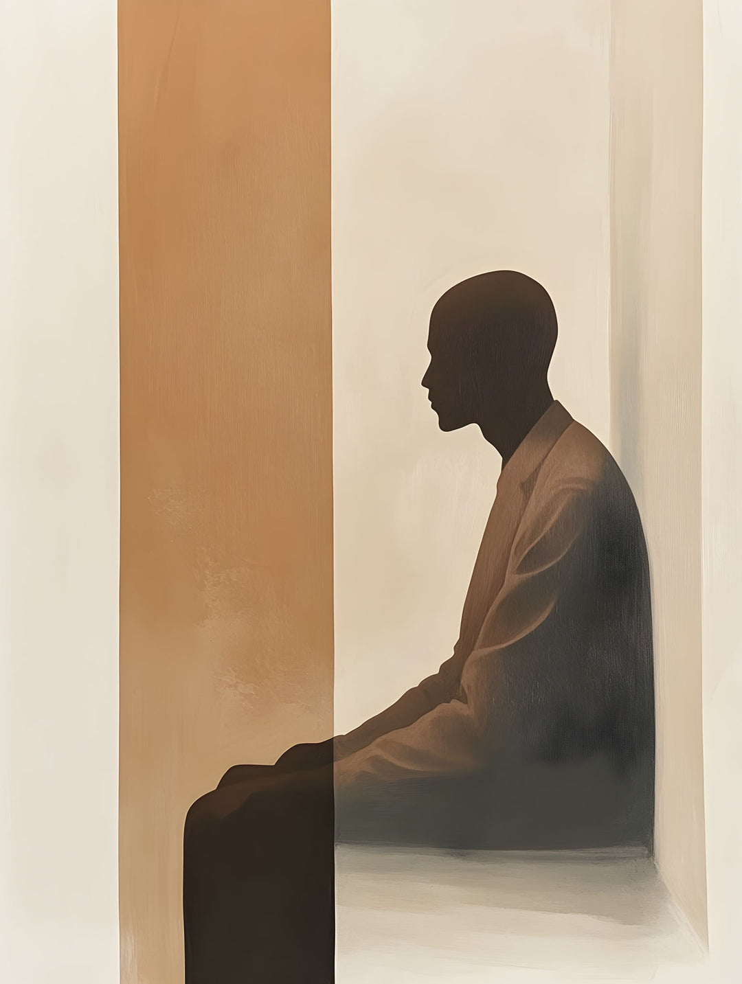 Wadi Home abstract wall art: silhouette of a person in profile against a neutral, striped background.