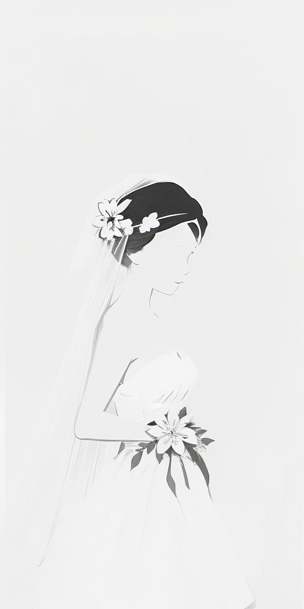Wadi Home minimalist line art of a bride in a wedding dress holding flowers and wearing a veil.